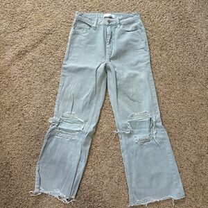 VERVET BY FLYING MONKEY Sky Blue Ripped Straight Jeans